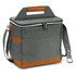 A green cooler bag with leather accents, featuring a zippered top and a detachable shoulder strap.