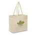 A cream cotton tote bag with a green logo featuring a farm scene and two sturdy handles.