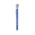 A blue pen with a chrome accents and a logo, featuring a unique design on the cap.