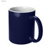 A dark blue coffee mug with a glossy finish and a white interior, featuring a handle and a logo.