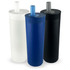 A drink bottle set featuring three tumblers in white, navy blue, and black, each with a straw and a logo.