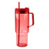 A drink bottle in transparent red with a handle, featuring a removable straw and a secure lid.