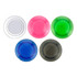 A set of five plastic button magnets in clear, pink, green, blue, and black colours. Each has a circular shape.