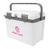 A white cooler box with a grey handle and latch, featuring a pink logo on the front.
