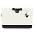 A white and black metal ice cooler box with a secure lid and a bottle opener attachment.
