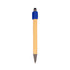 A bamboo stylus pen with a blue cap and a metallic tip, featuring a logo on the cap.