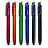 A collection of stylus pens in red, orange, green, blue, and black, featuring a logo on each pen.
