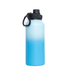 A drink bottle in gradient blue shades with a screw cap lid and a black handle. Features a logo.