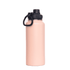 A drink bottle with a matte pink finish, featuring a black screw cap lid and a carry handle. Includes branding.