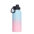 A drink bottle with a gradient design in blue and pink, featuring a screw cap lid and a black handle.