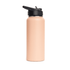 A drink bottle in a soft peach colour with a black flip-top lid and a sleek design. Features a logo.