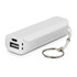 A white power bank with a USB port and keychain attachment.