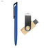 A blue pen and a wooden USB drive with a metal clip, presented in a simple layout.