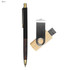 A black pen with a wooden grip and a silver USB flash drive with a wooden casing. Features branding.
