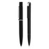 A black pen set features two sleek pens, one with a shiny clip and the other with a matte finish. Both have branding.