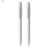 A set of two white plastic pens with a smooth design. Each pen features a logo.