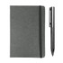 A grey notebook with an elastic band, accompanied by a sleek silver pen. Both are part of the Xander Notebook and Pen Gift Set.