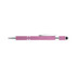 A pink spinner pen with a textured grip and metallic accents. It features a clip and a stylus tip.