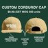 The front and back of a tan cap with an arrow pointing at a "Better Merch" logo embroidered on the front labelled "Your logo embroidered here". The back has an arrow pointing at the adjustable metal buckle labelled "Embossed logo on buckle".