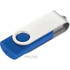 A rotating USB flash drive with a silver and blue design featuring a branding logo.