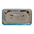 A rectangular button badge in silver with a blue edge and a safety pin attachment on the back.