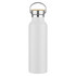A drink bottle in white with a stainless steel lid and a cork accent, featuring a branding logo.