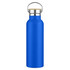 A drink bottle in a vibrant blue colour with a metallic silver cap and a cork accent. Features a logo.