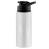 A drink bottle in white with a black screw-top lid and spout, featuring a logo on the side.