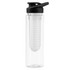 A drink bottle in clear plastic with a black lid and infuser design for adding fruit or flavour.