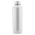 A drink bottle in sleek silver with a stainless steel finish and a logo on the body.