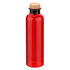 A drink bottle in vibrant red with a cork stopper and a sleek design. It features a logo on the body.