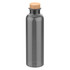 A drink bottle in transparent grey with a cork lid, featuring a minimalist design and a logo.