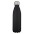 A drink bottle with a sleek black matte finish and a stainless steel cap, featuring a logo.