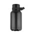 A drink bottle in a sleek black finish, featuring a flip-top lid and a round base. It has a logo on the surface.