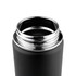 A drink bottle in matte black with a stainless steel opening, featuring a sleek design and a branded logo.