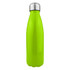 A drink bottle in bright green stainless steel with a shiny silver lid and a branding logo.