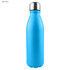 A drink bottle with a shiny light blue finish and a metal cap, featuring a logo.