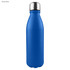 A drink bottle in royal blue with a shiny aluminium finish and a stainless steel lid. It features a logo.