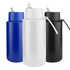 A drink bottle available in blue, white, and black with a straw and a carrying handle. It features a logo.