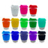 A collection of reusable coffee cups in various colours, featuring glass bases and silicone lids, some with logos.
