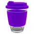 A reusable coffee cup with a clear glass body and a purple silicone lid and sleeve. It features a logo.