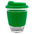 A reusable coffee cup featuring a transparent glass body and a green silicone sleeve and lid. It includes a logo.