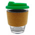 A reusable glass coffee cup with a cork sleeve and a green lid. It features a logo on the lid.