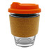 A glass coffee cup with a cork sleeve and an orange lid, featuring a logo on the lid.