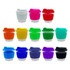 A collection of reusable coffee cups in various colours, featuring transparent glass bases and colourful lids. Each cup has a logo.