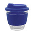 A glass coffee cup with a blue silicone lid and sleeve, featuring a transparent body and a logo.