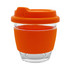 A reusable coffee cup in clear glass, featuring an orange silicone sleeve and lid. It has a logo on the side.
