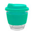 A reusable coffee cup featuring a transparent glass body and a bright teal silicone lid and band.