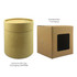 A cylindrical packaging box in brown cardboard, next to a square box with a transparent window. Both are empty.