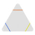 A triangular highlighter in white with orange, blue, and yellow stripes, featuring a logo on one side.